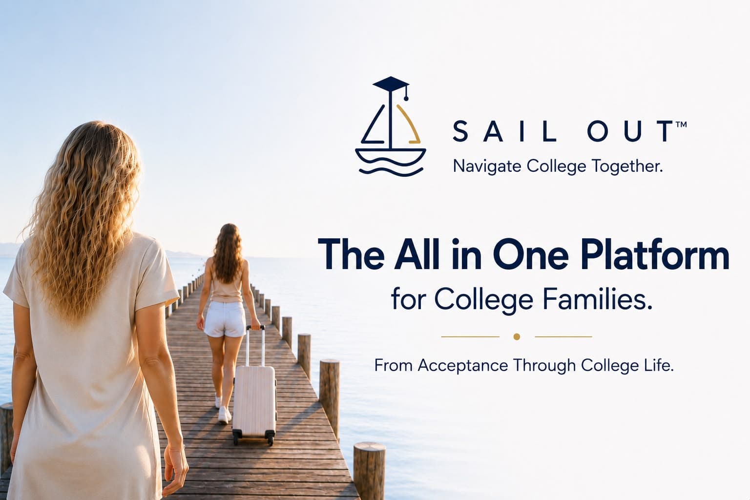 A parent watches their college-bound student walk down a sunlit pier toward a sailboat, suitcase in hand.